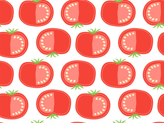 Red tomato seamless pattern on transparent background, sliced cartoon vegetable