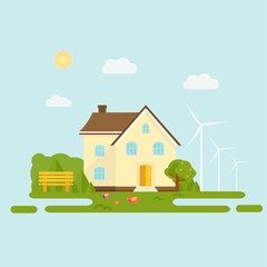 Abstract spring background with cozy home, house, cottage, with trees, flowers, bench