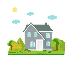 Fototapeta premium Abstract spring background with cozy home, house, cottage, with trees, flowers, bench