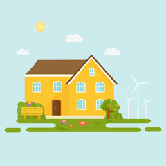 Abstract spring background with cozy home, house, cottage, with trees, flowers, bench