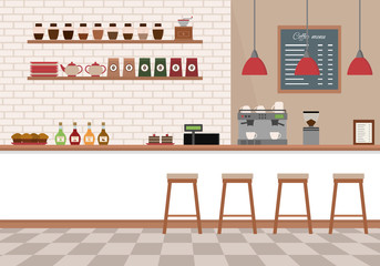 Empty cafe interior. Coffee shop with white bar counter, shelves and equipments. Flat design vector illustration.

