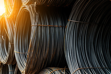 The warehouse is stacked with a large number of steel wire at the cargo terminal