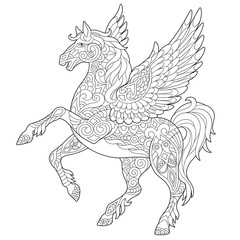 Pegasus - Greek mythological winged horse flying. Coloring page. Coloring book. Antistress freehand sketch drawing with doodle and zentangle elements.