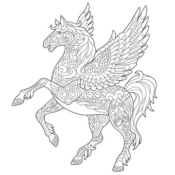 Pegasus - Greek mythological winged horse flying. Coloring page. Coloring book. Antistress freehand sketch drawing with doodle and zentangle elements.