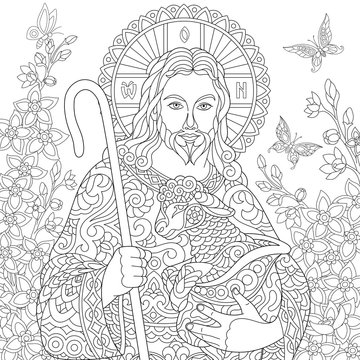 Jesus Christ with a lamb. Portrait of christian biblical character with floral background. Easter Coloring Page. Coloring Book. Antistress freehand sketch drawing with doodle and zentangle elements.