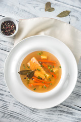 Portion of salmon soup