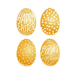 Set of golden eggs. Happy Easter and easter hunt lettering in egg. Vector isolated handwritten Inscription. Brush pen modern style