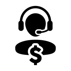 Service Icon Vector Dollar Sign for Banking and Financial Online Support Male Person Profile Avatar for Customer Helpline with Headset in Glyph Pictogram Symbol illustration