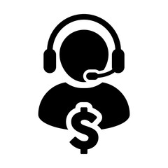 Service Icon Vector Dollar Sign for Banking and Financial Online Support Male Person Profile Avatar for Customer Helpline with Headset in Glyph Pictogram Symbol illustration
