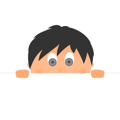 Surprise boy children's face with black hair color and gray eyes with fingers on the table and looking over the white background. Combed child with ears