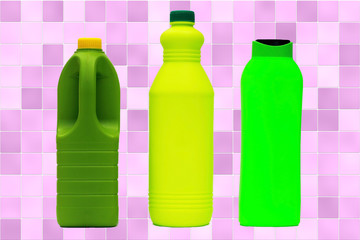 Different plastic containers of cleaning products on a seamless background of purple tiles