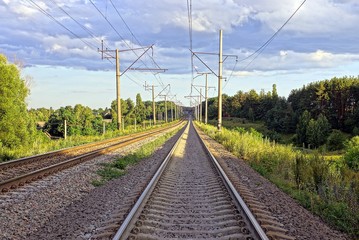 empty railroad with rails and sleepers among vegetation