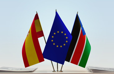  Flags of Spain European Union and South Sudan