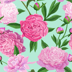 Floral Seamless Pattern with Pink Peony Flowers. Spring Blooming Flowers Background for Fabric, Prints, Wedding Decoration, Invitation, Wallpapers, Wrapping Paper. Vector illustration