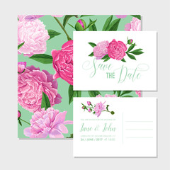 Floral Wedding Invitation Template Set. Save the Date Card with Blooming Peony Flowers. Spring Botanical Design for Ceremony Decoration. Vector illustration