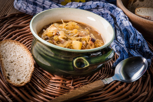 Traditional russian sour cabbage soup.