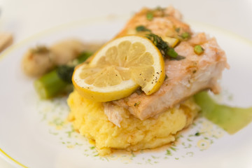 Salmon Pollenta with greens at waterchestnuts