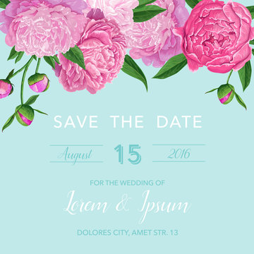 Floral Wedding Invitation or Congratulation Card. Save the Date Blooming Peony Flowers Card. Spring Botanical Design for Ceremony Decoration. Vector illustration