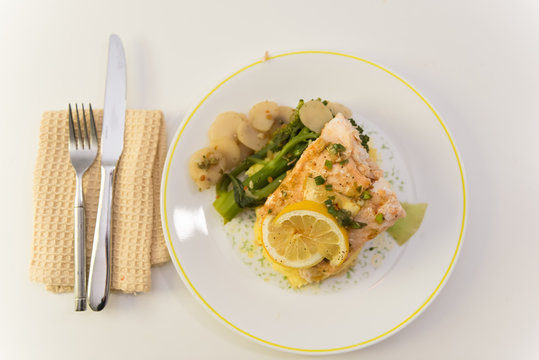 Salmon Pollenta with greens at waterchestnuts