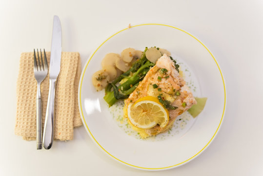 Salmon Pollenta with greens at waterchestnuts