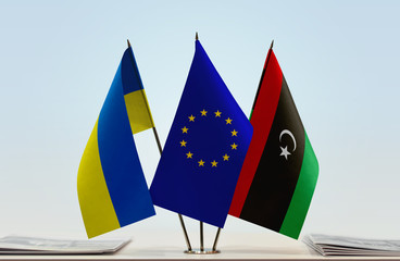 Flags of Ukraine European Union and Libya