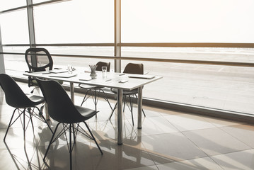 Office furniture with modern technology on it. Copy space in right side