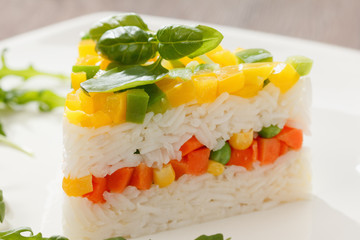 Vegetarian food, rice salad with vegetables, healthy meals