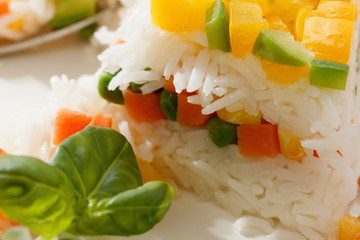 Vegetarian food, rice salad with vegetables, healthy meals