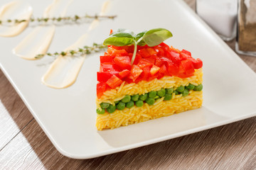 Vegetarian food, rice salad with vegetables, healthy meals