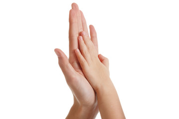 Woman and baby playing with hand together isolated on white, love and family