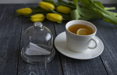 Obraz na płótnie Canvas background with cap of tea, tulips, paper`s airplane under glass (horizontally)