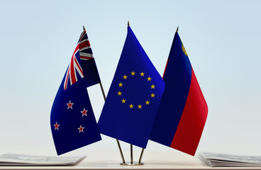 Flags of New Zealand European Union and Liechtenstein