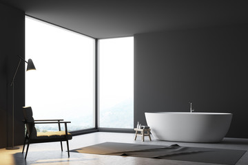 Panoramic gray bathroom corner, an armchair