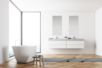 Fototapeta na wymiar Panoramic white bathroom, double sink