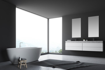 Fototapeta na wymiar Panoramic gray bathroom corner, double sink