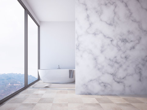 Panoramic white marble bathroom, mock up wall