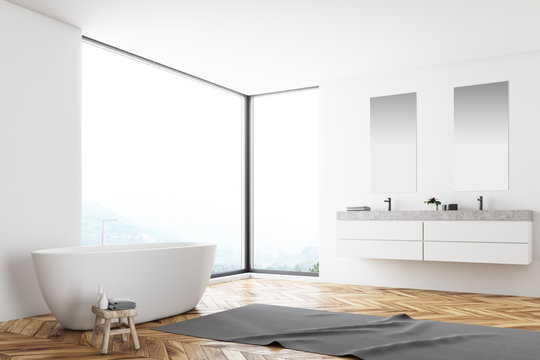 Panoramic white bathroom corner, double sink