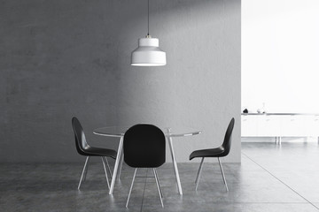 Gray dining room interior, black chairs