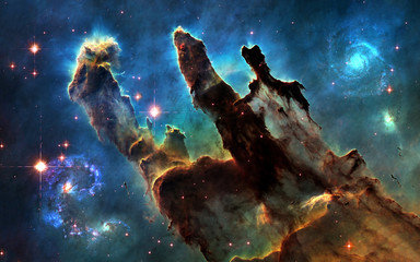 Fototapeta na wymiar Deep space. Pillars of Creation and galaxies. Image in 5K resolution for desktop wallpaper. Elements of the image are furnished by NASA