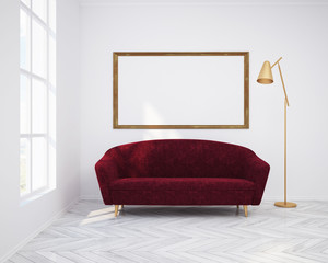 White living room interior, sofa and poster