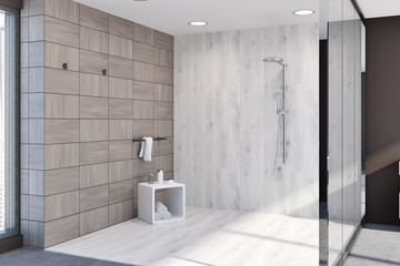 Wooden tiles brown bathroom corner, shower