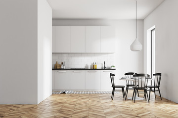 White dining room and kitchen, wall
