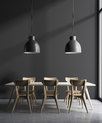 Gray dining room, wooden table