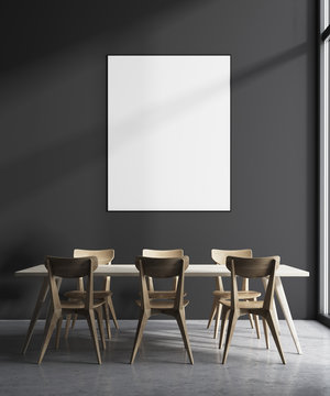 Gray dining room, wooden table, poster