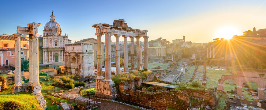 Forum in Rome, Italy. Roman Forum (Foro Romano) at sunset.Rome architecture and landmark. Ancient Forum in Rome is one of the main attractions of Rome and Italy.