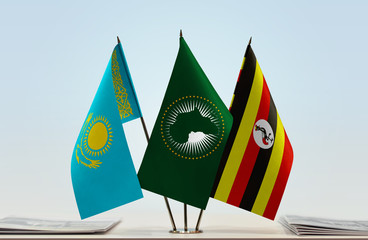 Flags of Kazakhstan African Union and Uganda