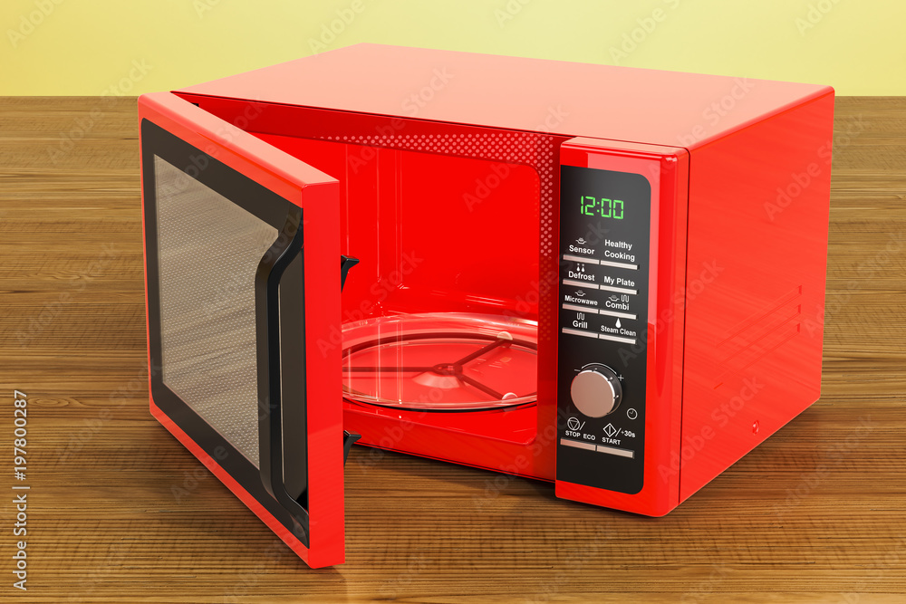 Poster red microwave on the wooden table. 3d rendering