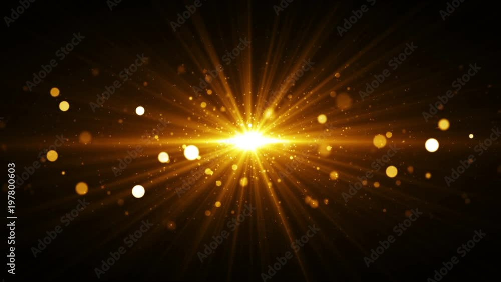 Poster abstract golden background with starburst. seamless loop gold texture with particles coming from cen
