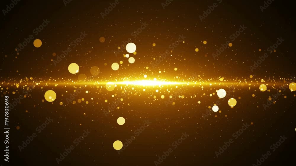 Poster golden dust coming to camera. abstract background with seamless loop. light in center with particles
