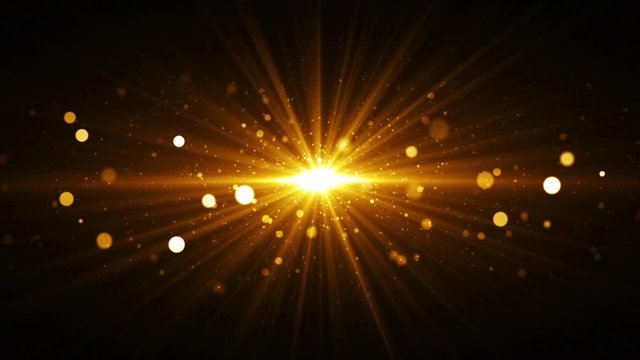 Abstract golden background with starburst. Seamless loop gold texture with particles coming from center.
